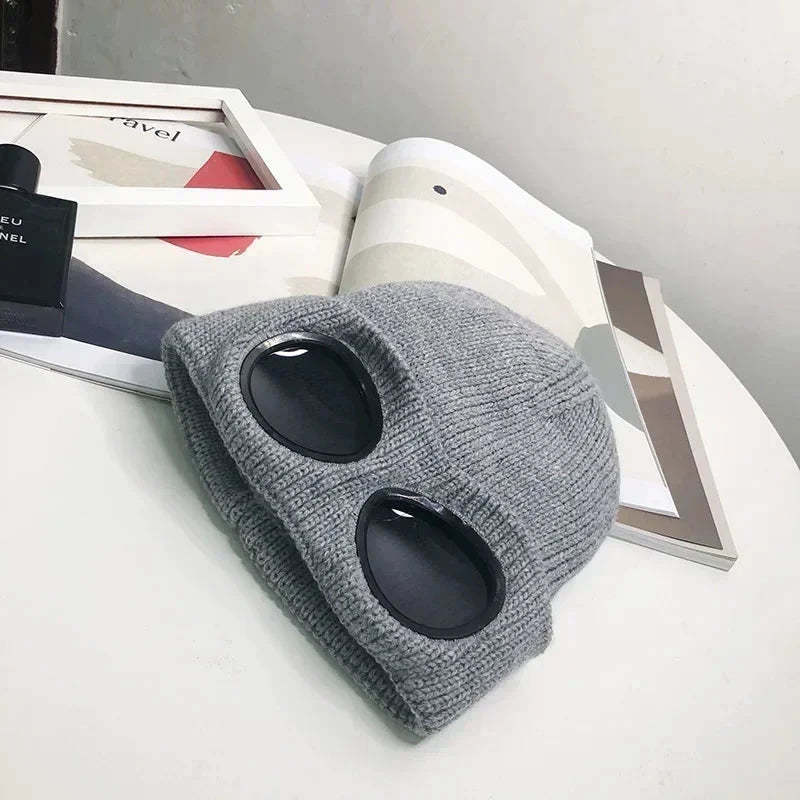 Mandotos Brimless Hat With Goggles For Unisex Winter Wear Skull Knit Gray Warm Beanie - MANDOTOS