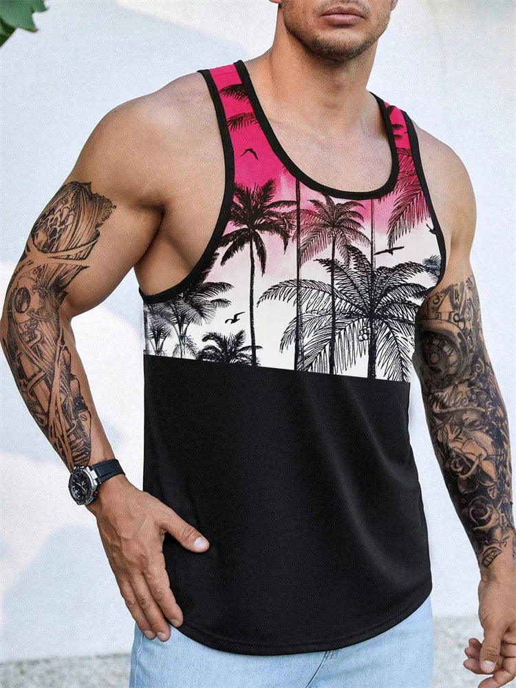 Hawaiian Style Palm Print Men's Tank Top for Summer Beach Trips - MANDOTOS INTERNATIONAL