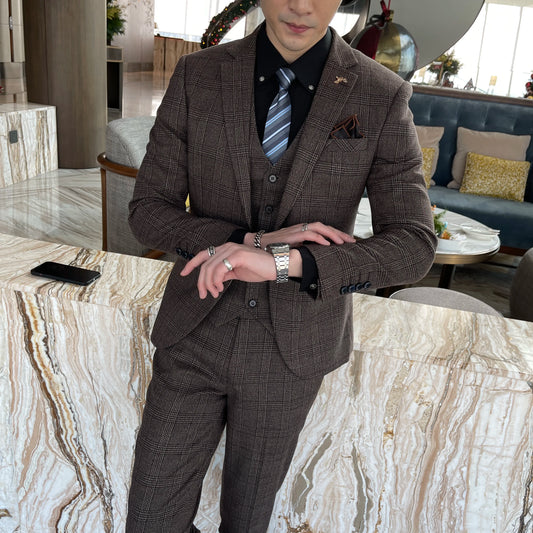 British Korean Style High Quality Modified Plaid Three-Piece Suit for Men - Stylish Business Casual Suit Vest And Trousers Set