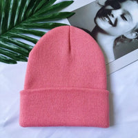 Women Men Fluorescent Color Warm Beanie Hat Autumn Winter Stretch Knitted Crochet Beanies Hat Cap Black Red White Navy Pink
