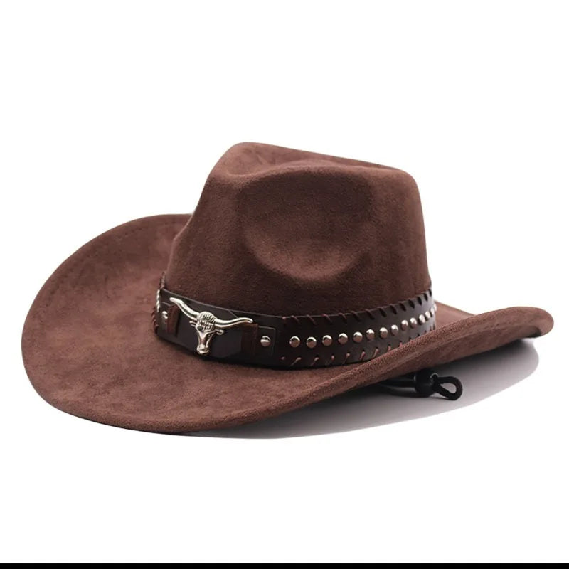 Western cowboy hat with bullhead rivets, curved brim, windproof rope, and felt for outdoor riding and jazz hats