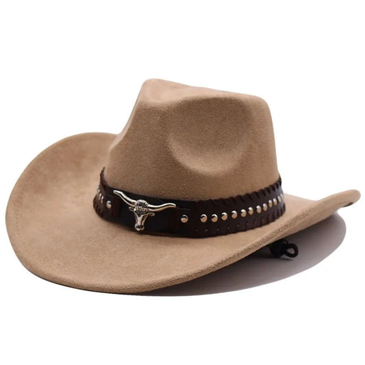 Western cowboy hat with bullhead rivets, curved brim, windproof rope, and felt for outdoor riding and jazz hats
