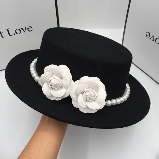 Women Wool Boater Hat Pearl Flower Decor Classic Flat Top Fedora Hat Wide Brim Church Derby Cap,French British Style