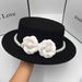 Women Wool Boater Hat Pearl Flower Decor Classic Flat Top Fedora Hat Wide Brim Church Derby Cap,French British Style