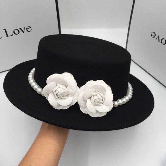 Women Wool Boater Hat Pearl Flower Decor Classic Flat Top Fedora Hat Wide Brim Church Derby Cap,French British Style