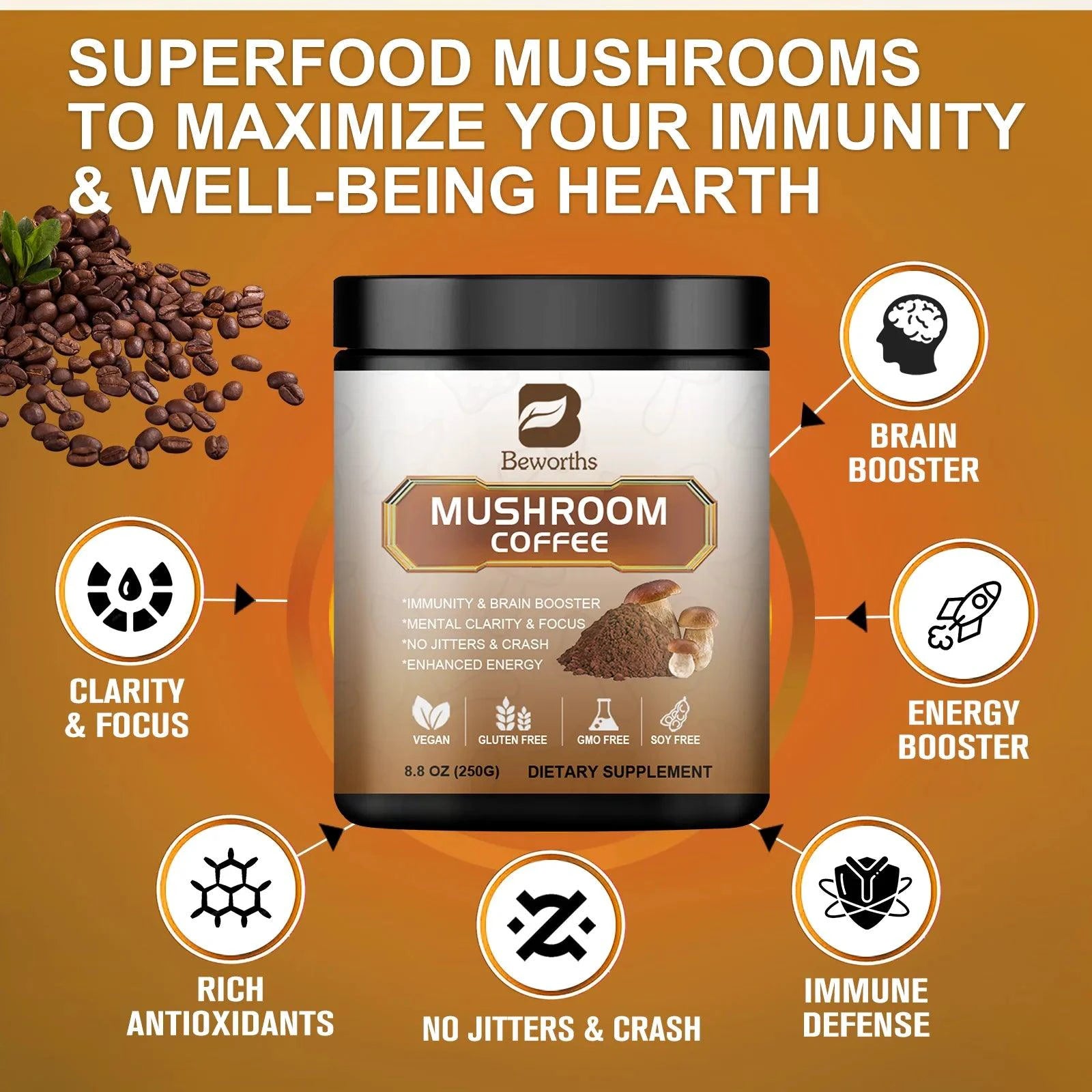 Mushroom Coffee - 10 Mushroom Extract Blend for Energy & Immunity - MANDOTOS