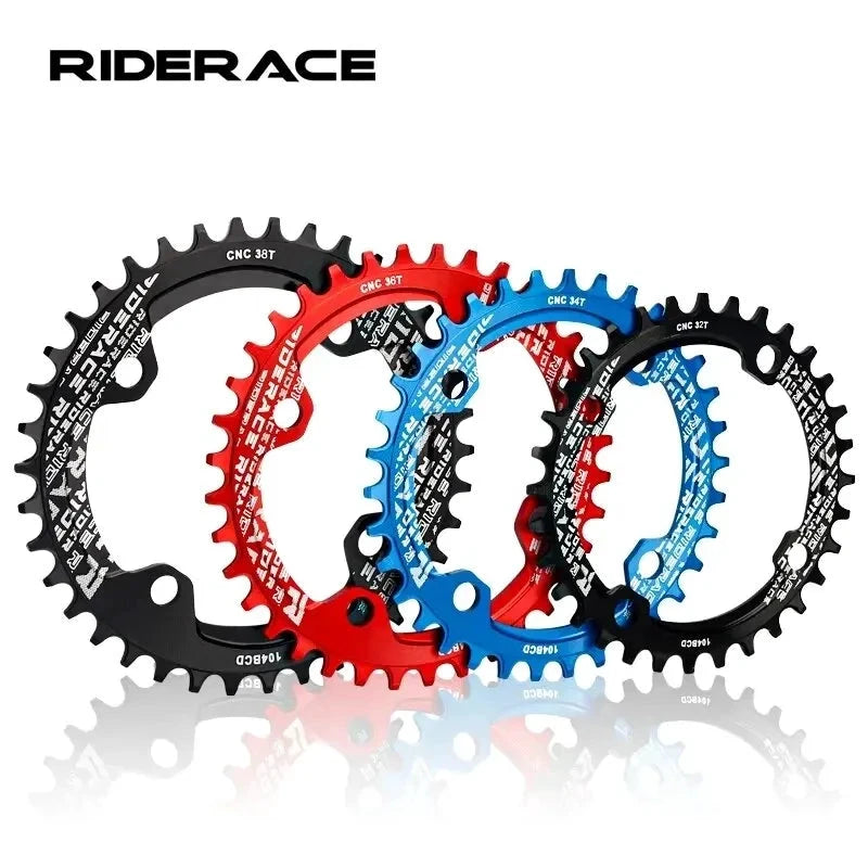 RIDERACE Bicycle Crank Chainring 104BCD Round Shape Narrow Wide 32T/34T/36T/38T Mountain Bike Crankset Chainwheel Single Plate MANDOTOS