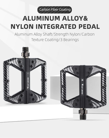 WEST BIKING MTB Integrated Pedals 3 Bearing Ultralight Flat Pedals Aluminum Alloy Nylon Carbon Fiber Coating Specialized Pedals