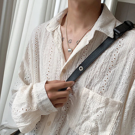 Shirts for men Apricot Handsome Lapel Men Blouse Vacation Hollow Out Sexy Fashion Men Clothing Male Mesh Long-sleeved Shirts - MANDOTOS