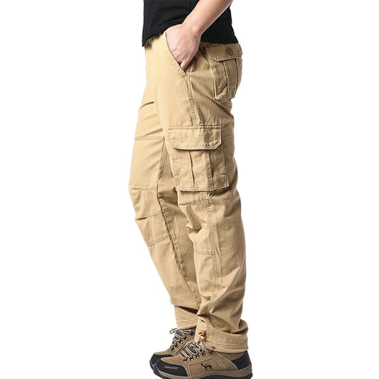 Large Pocket Loose Overalls Men's Outdoor Sports Jogging Tactical Pants Elastic Waist Pure Cotton Casual Work Pants - MANDOTOS