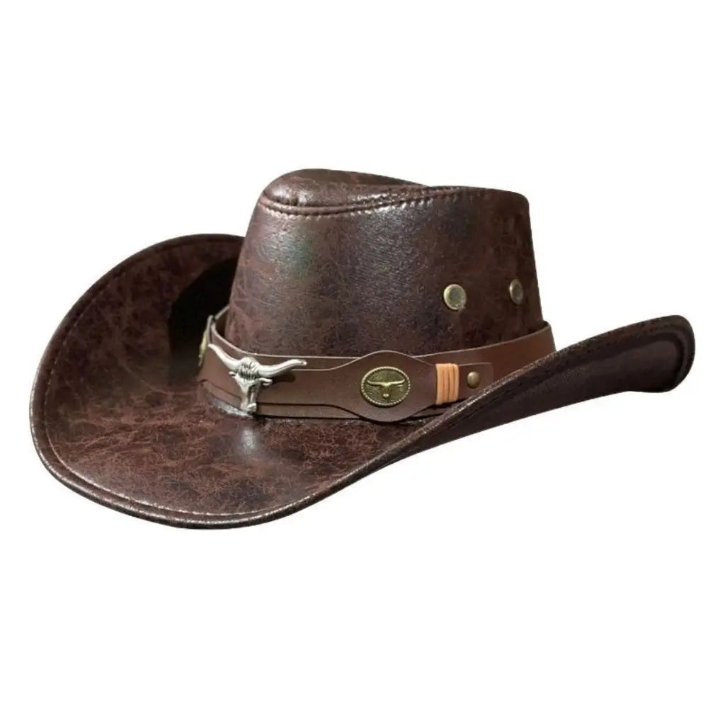 Fashion Bull Head Buckle Western Cowboy Hat Vintage Retro Faux Leather Cowboy Hat Jazz Hat For Men Women Unisex