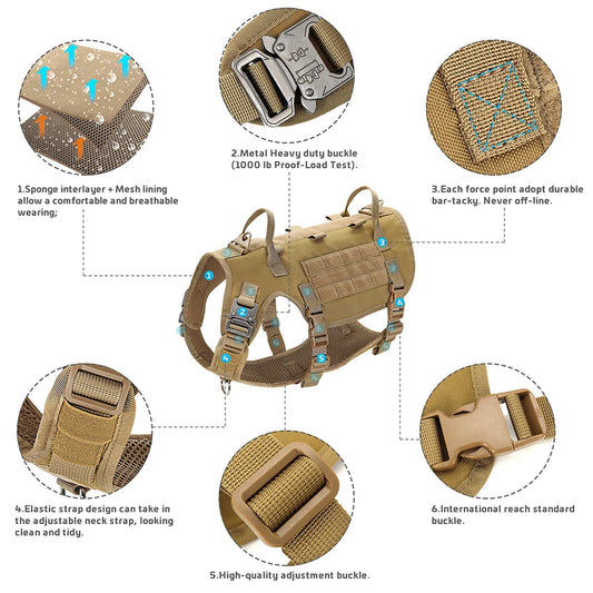 Tactical Dog Harness Leash Durable Military Dog Harness Vest MOLLE For Large Dogs erman Shepherd Training Harnesses With Pouches - MANDOTOS