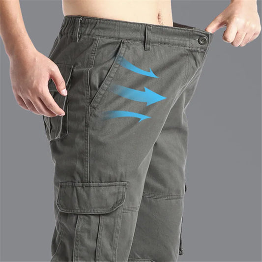 Large Pocket Loose Overalls Men's Outdoor Sports Jogging Tactical Pants Elastic Waist Pure Cotton Casual Work Pants - MANDOTOS