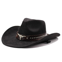 Western cowboy hat with bullhead rivets, curved brim, windproof rope, and felt for outdoor riding and jazz hats