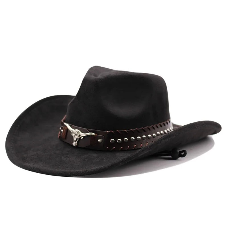 Western cowboy hat with bullhead rivets, curved brim, windproof rope, and felt for outdoor riding and jazz hats