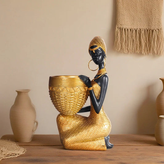 African Girl Holding a Plate Sculpture, Home and Office Decorative Storage Ornament, Vintage Collectible Craft Deskt Decor