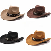 Western cowboy hat with bullhead rivets, curved brim, windproof rope, and felt for outdoor riding and jazz hats