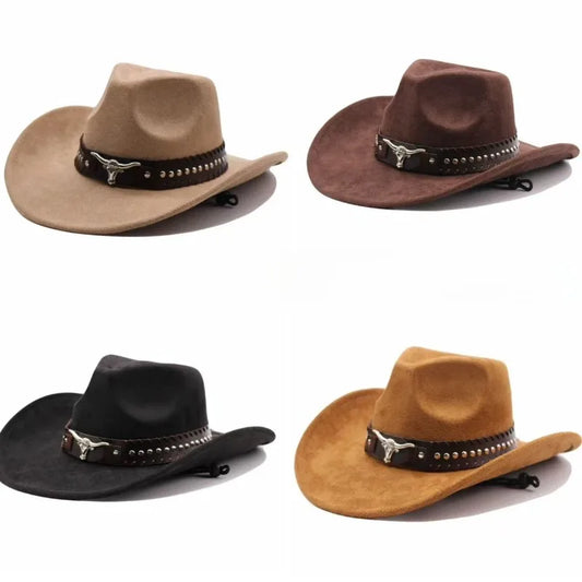 Western cowboy hat with bullhead rivets, curved brim, windproof rope, and felt for outdoor riding and jazz hats