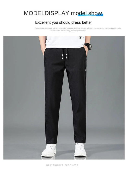 Ice Silk Men's Pants 2025 Summer New Black Gray Thin Business Casual Pants Outdoor Elastic Breathable Straight Leg Sweatpants - MANDOTOS