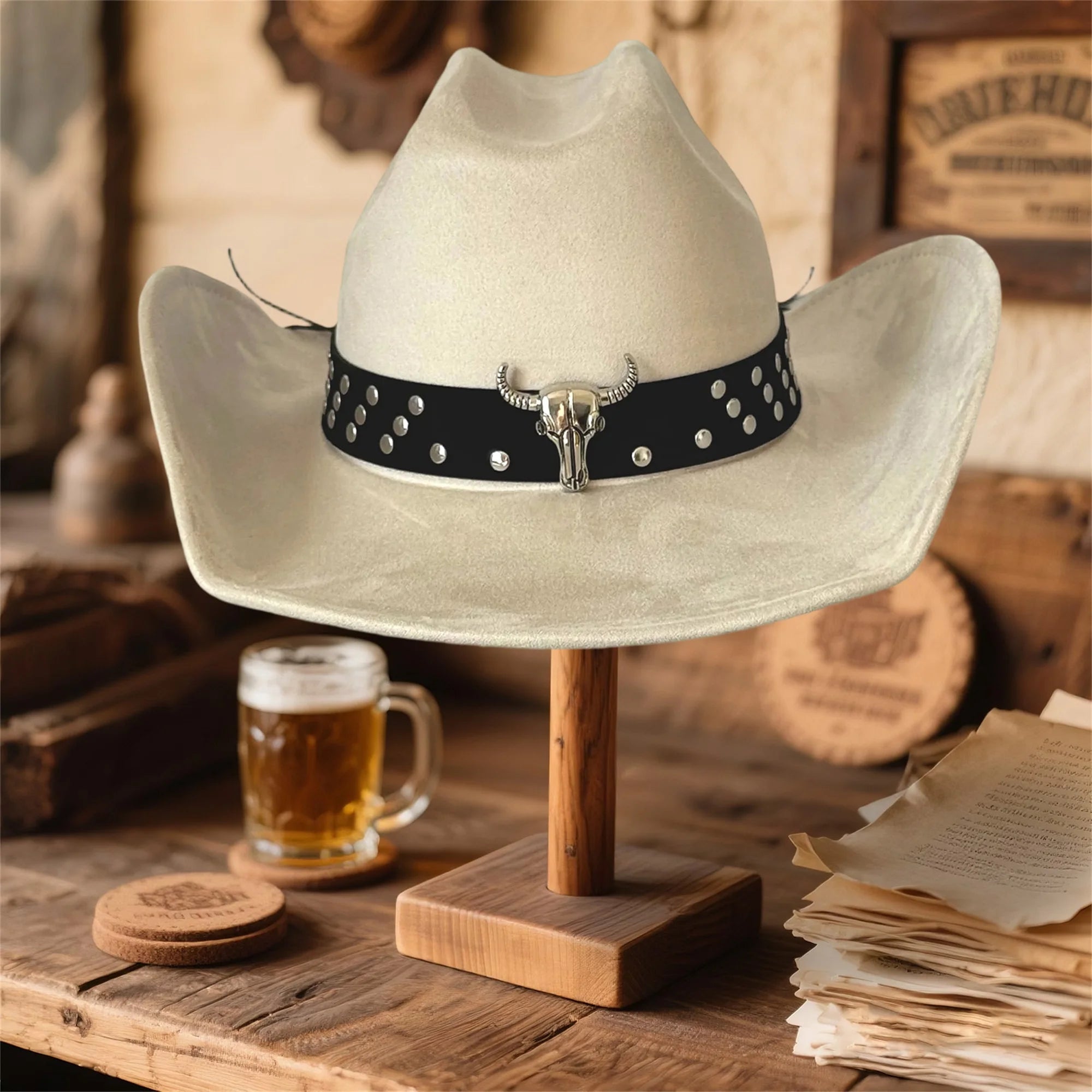 Vintage Style Unisex Cowboy Hat with Bull Head Bead Detail and Wide Brim Fedora for Western Cowgirl Fashionistas