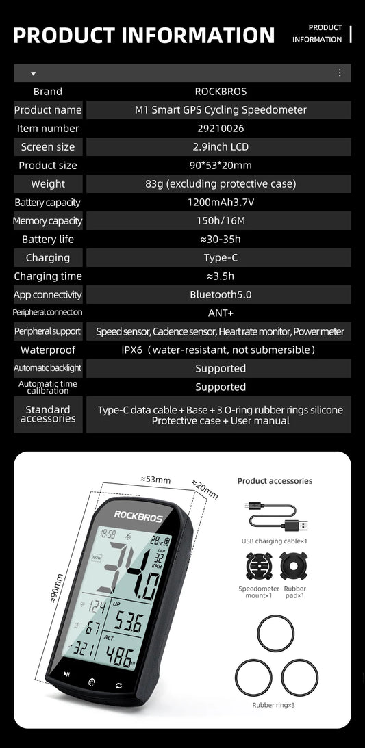 ROCKBROS Bicycle Computer GPS 5.0 ANT Bluetooth Waterproof Wireless Cyclocomputer Speedometer Bike Stopwatch Bike Accessories - MANDOTOS