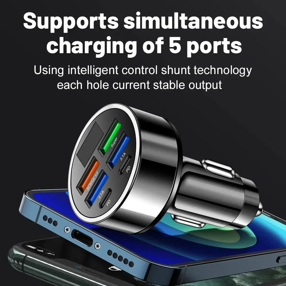 66-250W PD Car Charger QC3.0 Fast Charge with Digital Display 4USB and 2PD Ports for Car Cigarette Lighter Plug - MANDOTOS
