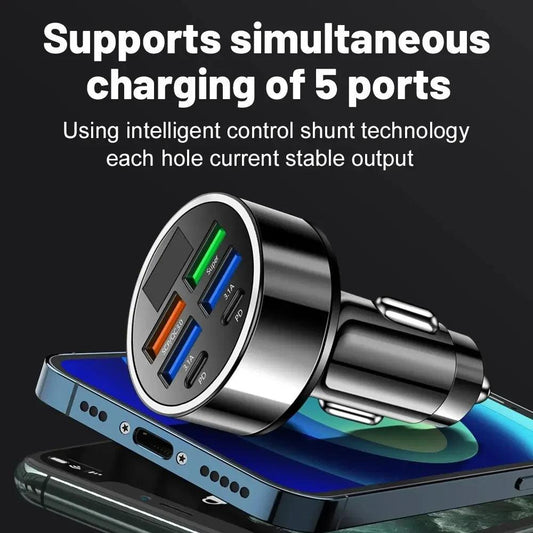 66-250W PD Car Charger QC3.0 Fast Charge with Digital Display 4USB and 2PD Ports for Car Cigarette Lighter Plug - MANDOTOS