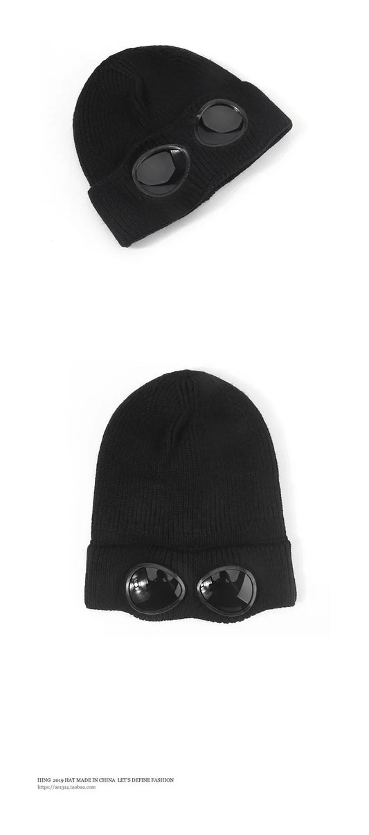 Brimless Hat With Goggles For Men And Women In Winter Hat Neutral Solid Color Skull Knitted Hat In Winter - MANDOTOS