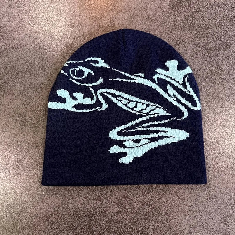 Tree Frog Print Beanie Men Women, Stretchy Knit Skull Cap for Outdoor Sports, Casual Streetwear, Unisex Cuffed Winter Hat