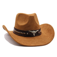 Western cowboy hat with bullhead rivets, curved brim, windproof rope, and felt for outdoor riding and jazz hats