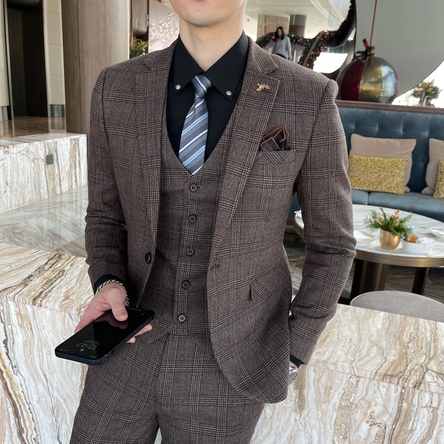British Korean Style High Quality Modified Plaid Three-Piece Suit for Men - Stylish Business Casual Suit Vest And Trousers Set