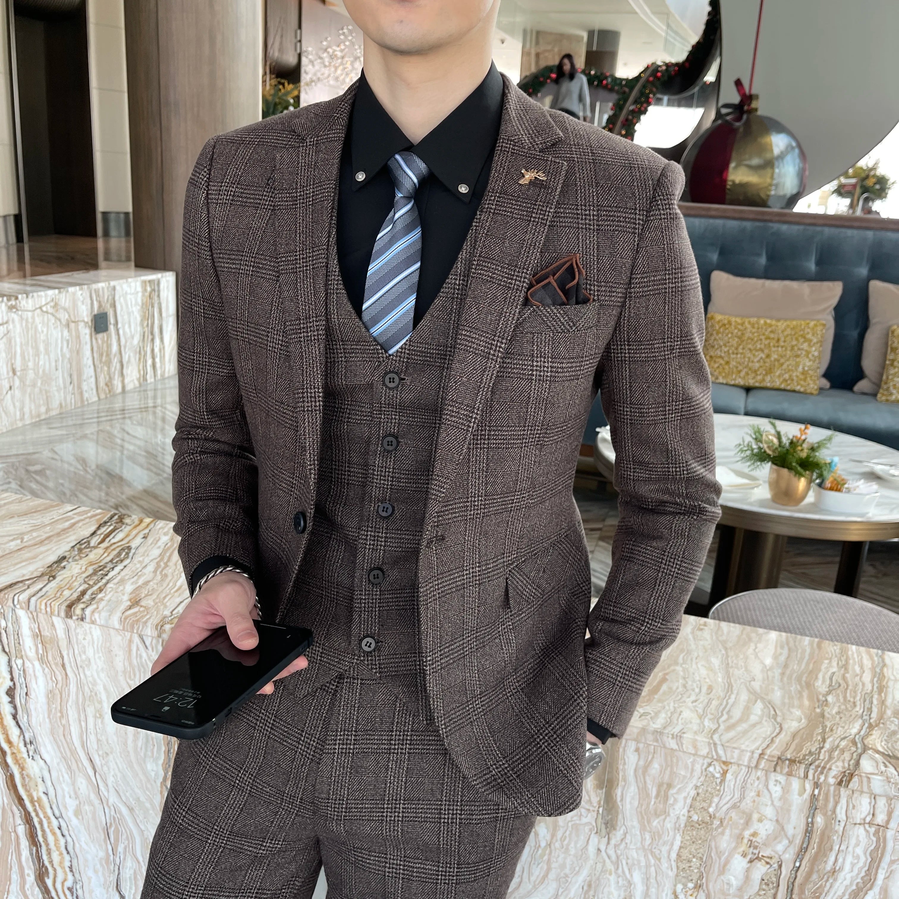 British Korean Style High Quality Modified Plaid Three-Piece Suit for Men - Stylish Business Casual Suit Vest And Trousers Set