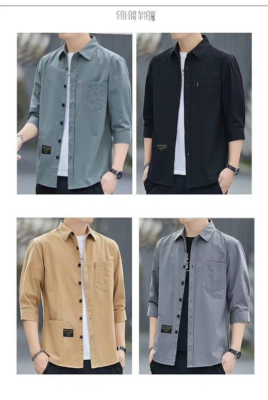 Men shirts Summer Men's clothing Short-Sleeved shirts & blouses Daily Solid Color Stand-Up Collar Casual Beach Style Male Shirt - MANDOTOS