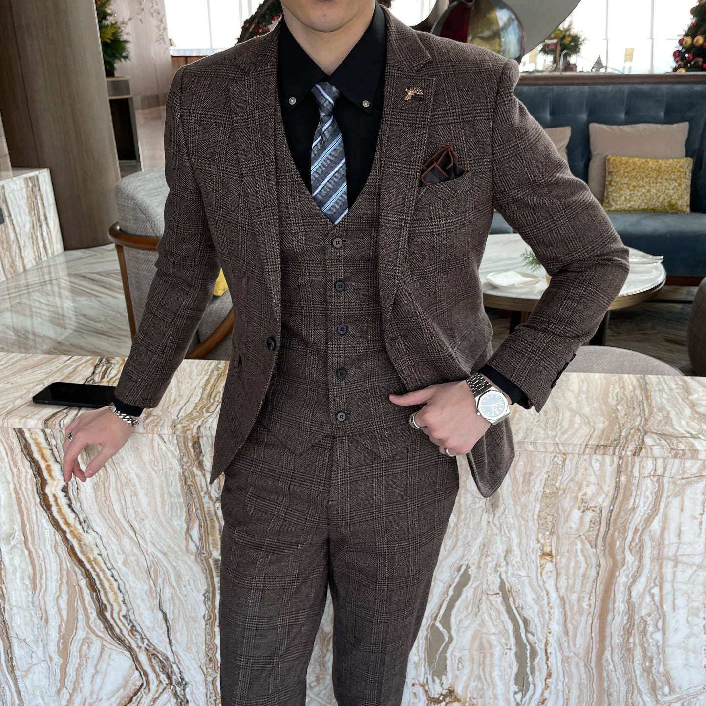 British Korean Style High Quality Modified Plaid Three-Piece Suit for Men - Stylish Business Casual Suit Vest And Trousers Set