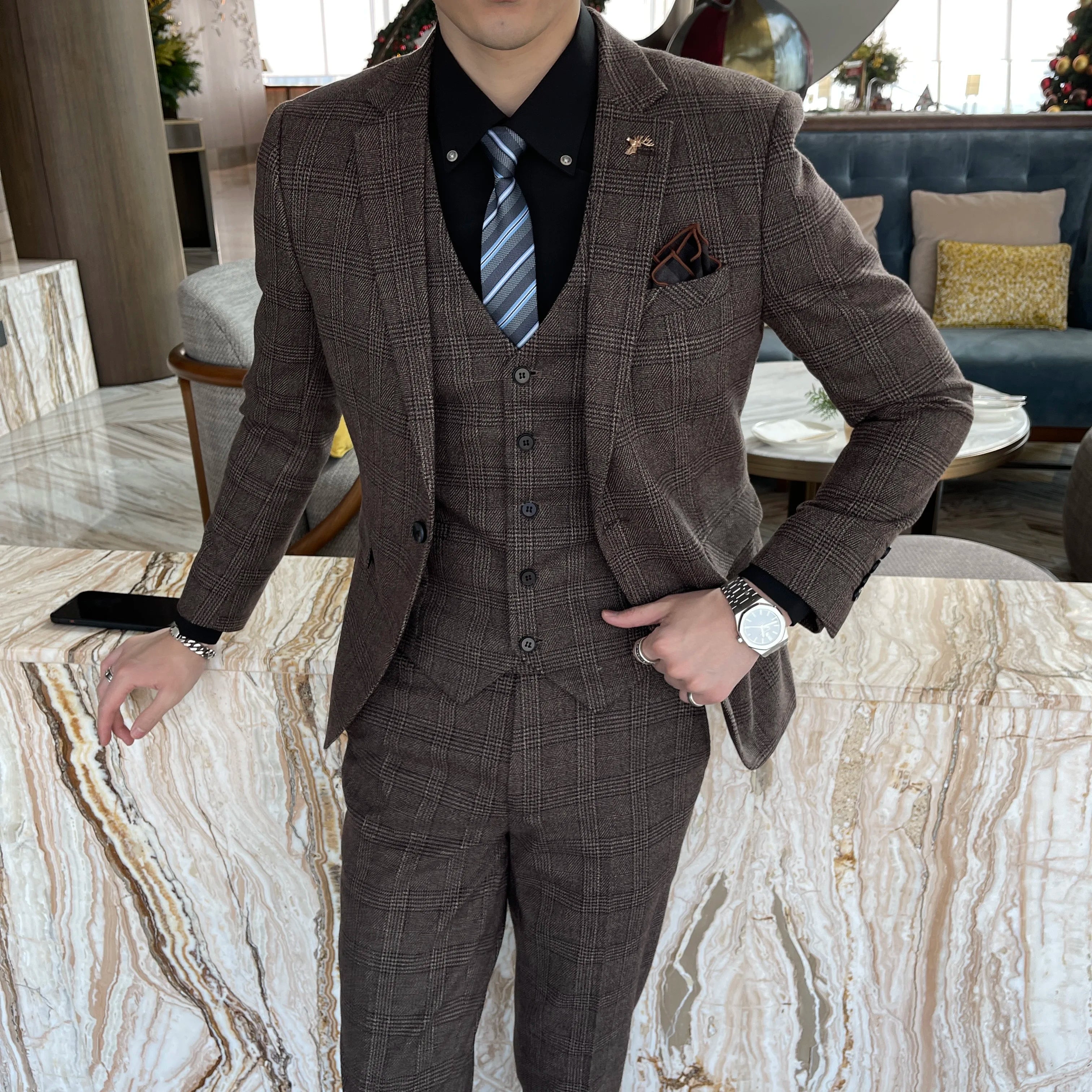 British Korean Style High Quality Modified Plaid Three-Piece Suit for Men - Stylish Business Casual Suit Vest And Trousers Set