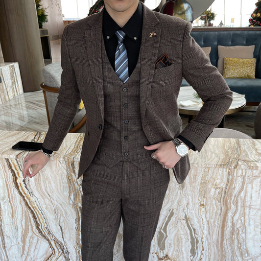 British Korean Style High Quality Modified Plaid Three-Piece Suit for Men - Stylish Business Casual Suit Vest And Trousers Set