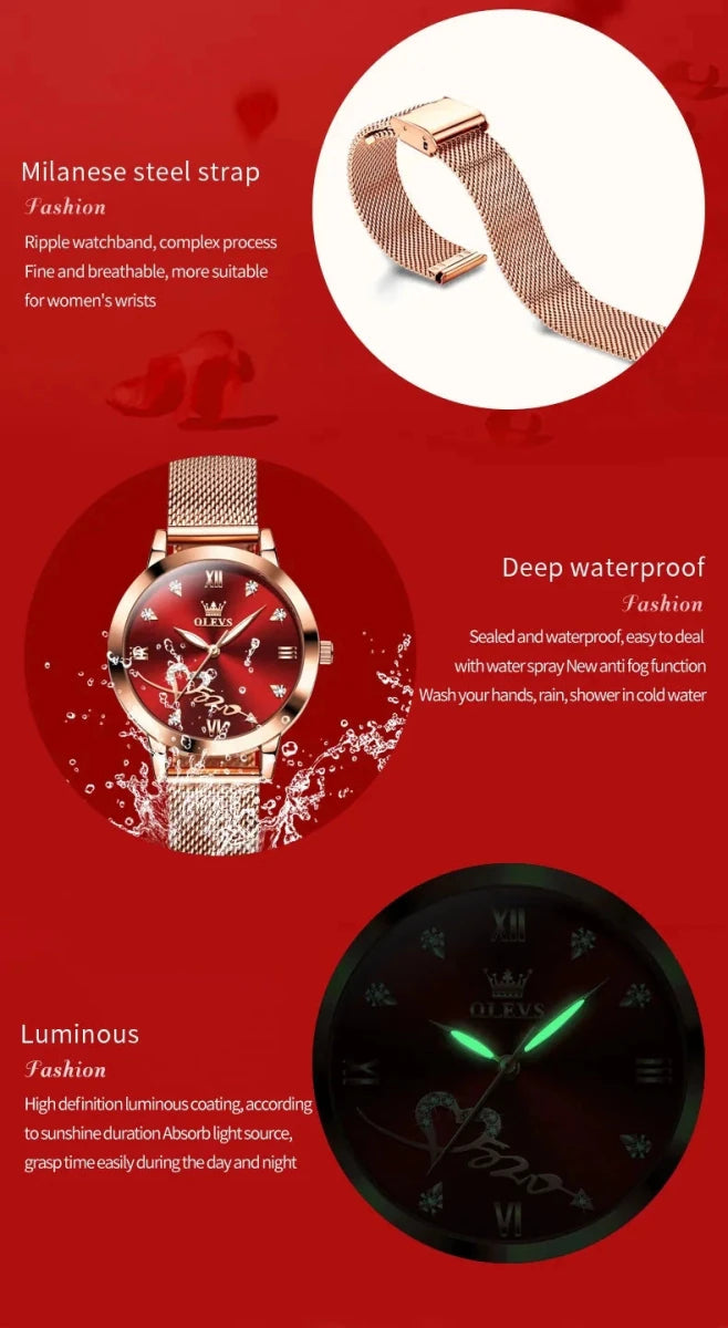 OLEVS Luxury Fashion Ladies' Watches Rose Gold Top Brand Original Quartz Watch for Women Stainless Steel Mesh Strap Love Dial MANDOTOS