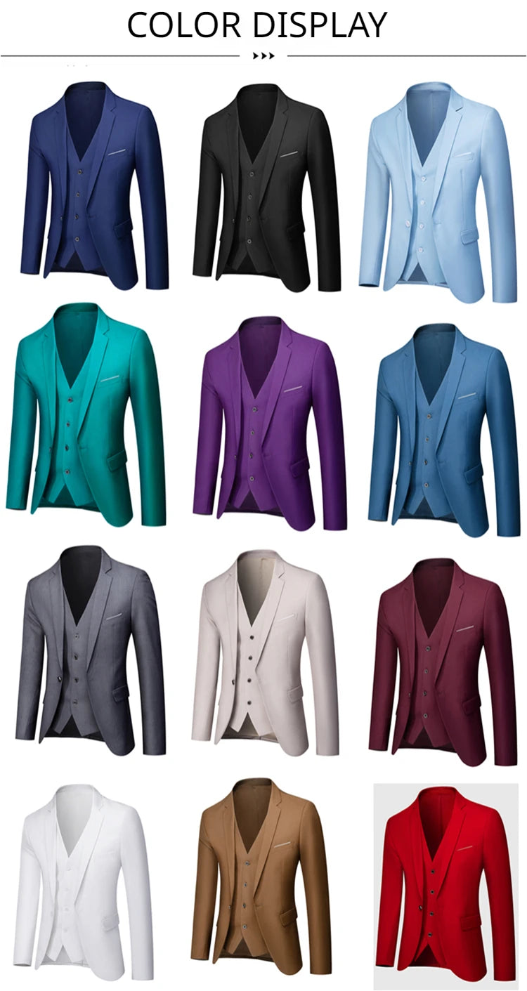 M-6XL 15 Colors ( Jacket+Vest+Pants ) Formal Business Office Men's Suits Groom Wedding Dress Party Dress Solid color Suit