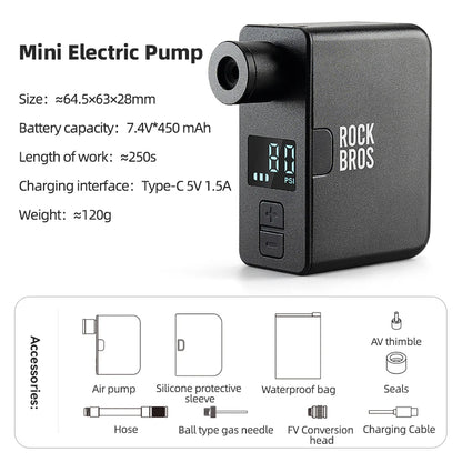 ROCKBROS Portable Mini Electric Bicycle Pump 120PSI Type-C Bike Tire Air Inflator Pump MTB Road AV FV Valve Cycling Pump - MANDOTOS