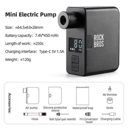 ROCKBROS Portable Mini Electric Bicycle Pump 120PSI Type-C Bike Tire Air Inflator Pump MTB Road AV FV Valve Cycling Pump - MANDOTOS
