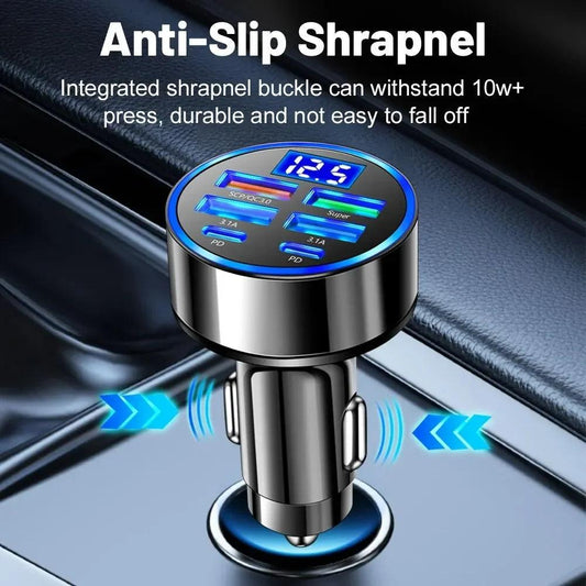 66-250W PD Car Charger QC3.0 Fast Charge with Digital Display 4USB and 2PD Ports for Car Cigarette Lighter Plug - MANDOTOS