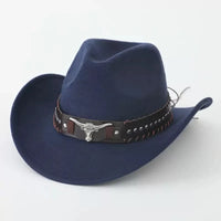 Western cowboy hat with bullhead rivets, curved brim, windproof rope, and felt for outdoor riding and jazz hats
