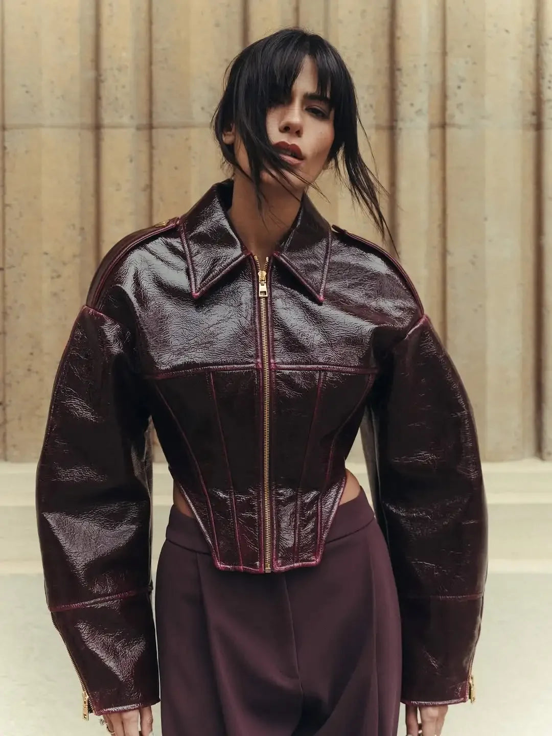 Coated Women Cinched-waist Leather Jacket RetroCasual Lapel Full Sleeve Zipper Bomber Coats Lady Daily High Street Outwear 2026