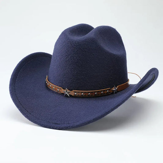 New denim hats for men and women, Western cowboy hats, five pointed star belt hats, soft woolen hats