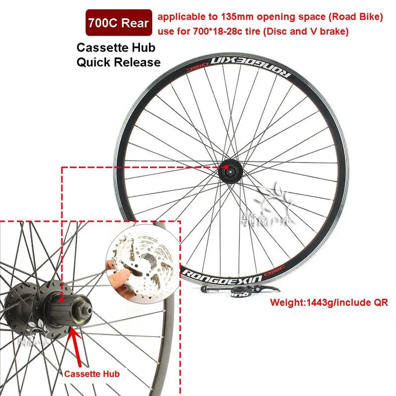 Cruiser Tour Bike Wheelset, Double Deck Rim, Front Wheel Disc, V Brake, Rear Back Wheels, Cassette and Screwed Hub, 36H, 700C MANDOTOS