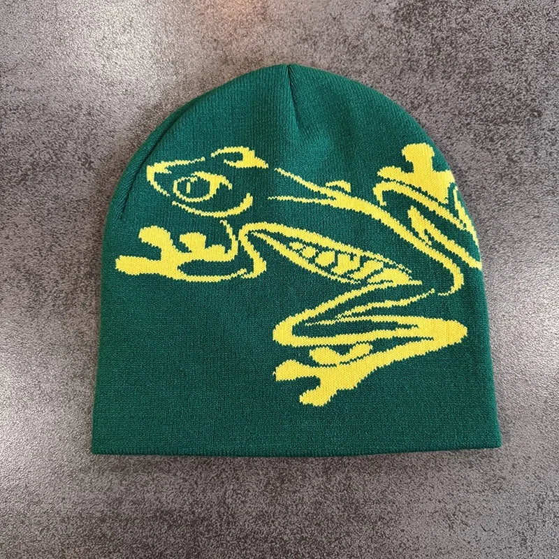 Tree Frog Print Beanie Men Women, Stretchy Knit Skull Cap for Outdoor Sports, Casual Streetwear, Unisex Cuffed Winter Hat