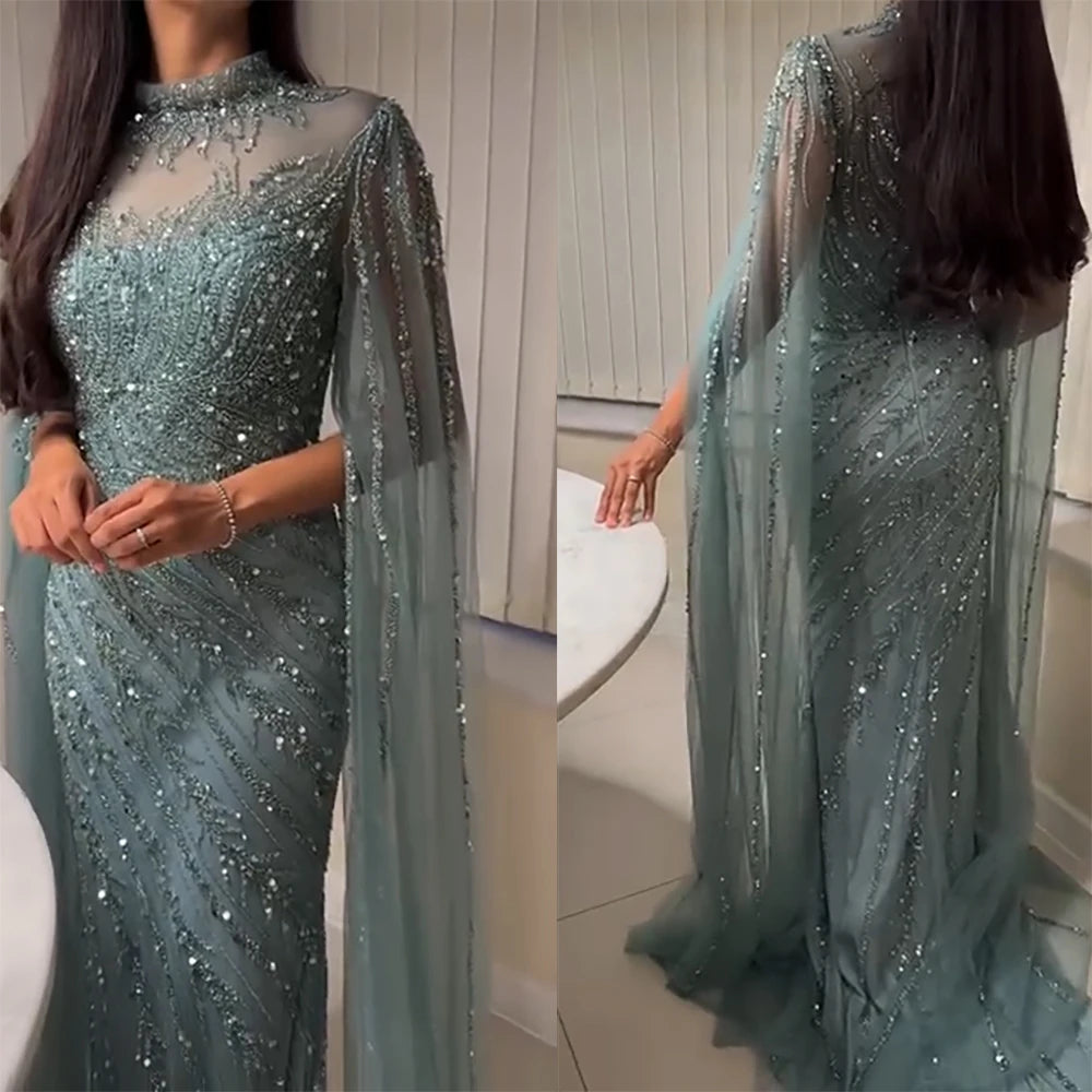 Eshaut&bridal Luxury Beaded Evening Dress Cape Sleeve Dubai Sheer Neck Mermaid Formal Prom Wedding Party Gown Customized 2026