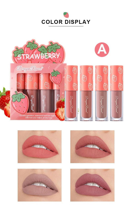 Mini Velvet Matte Lip Gloss Set 4 Piece Long Lasting Non Fading Non Stick Cup Fruit Scented Lip Tint Smooth Lightweight - MANDOTOS