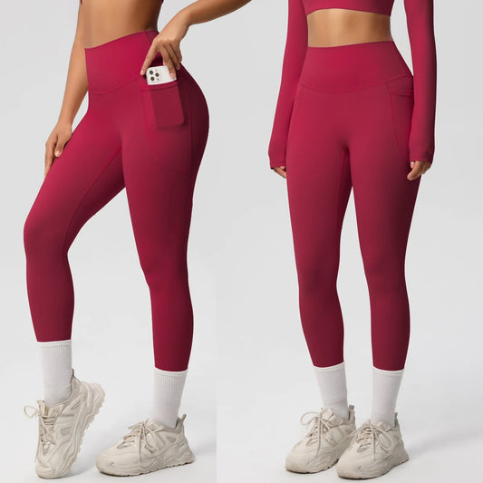 High Waist Women's Leggings Stretch Yoga Pants Tights With Pockets Push Up Fitness Running Sportswear Solid Color Pants