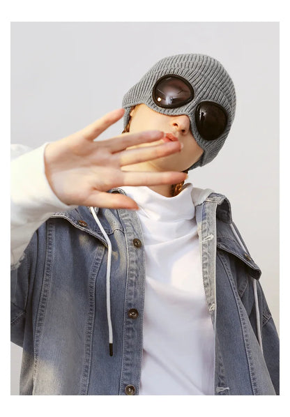 Brimless Hat With Goggles For Men And Women In Winter Hat Neutral Solid Color Skull Knitted Hat In Winter - MANDOTOS
